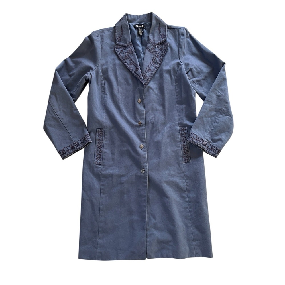 VTG Denim & Co Women's Size M Blue Trench Coat Embroidered 100% Cotton Shell
